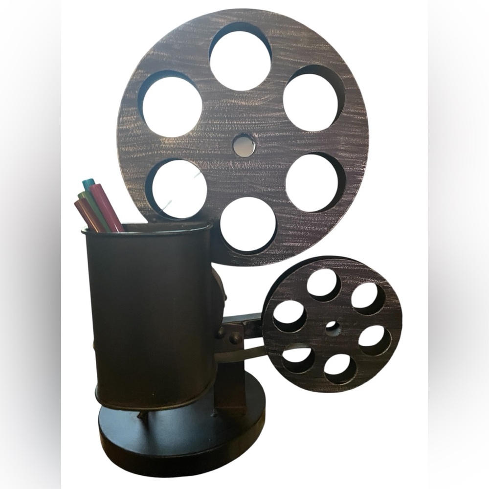 Vintage Movie Film Reel Style Desk Organizer Black Brown Metal - Picture 10 of 10